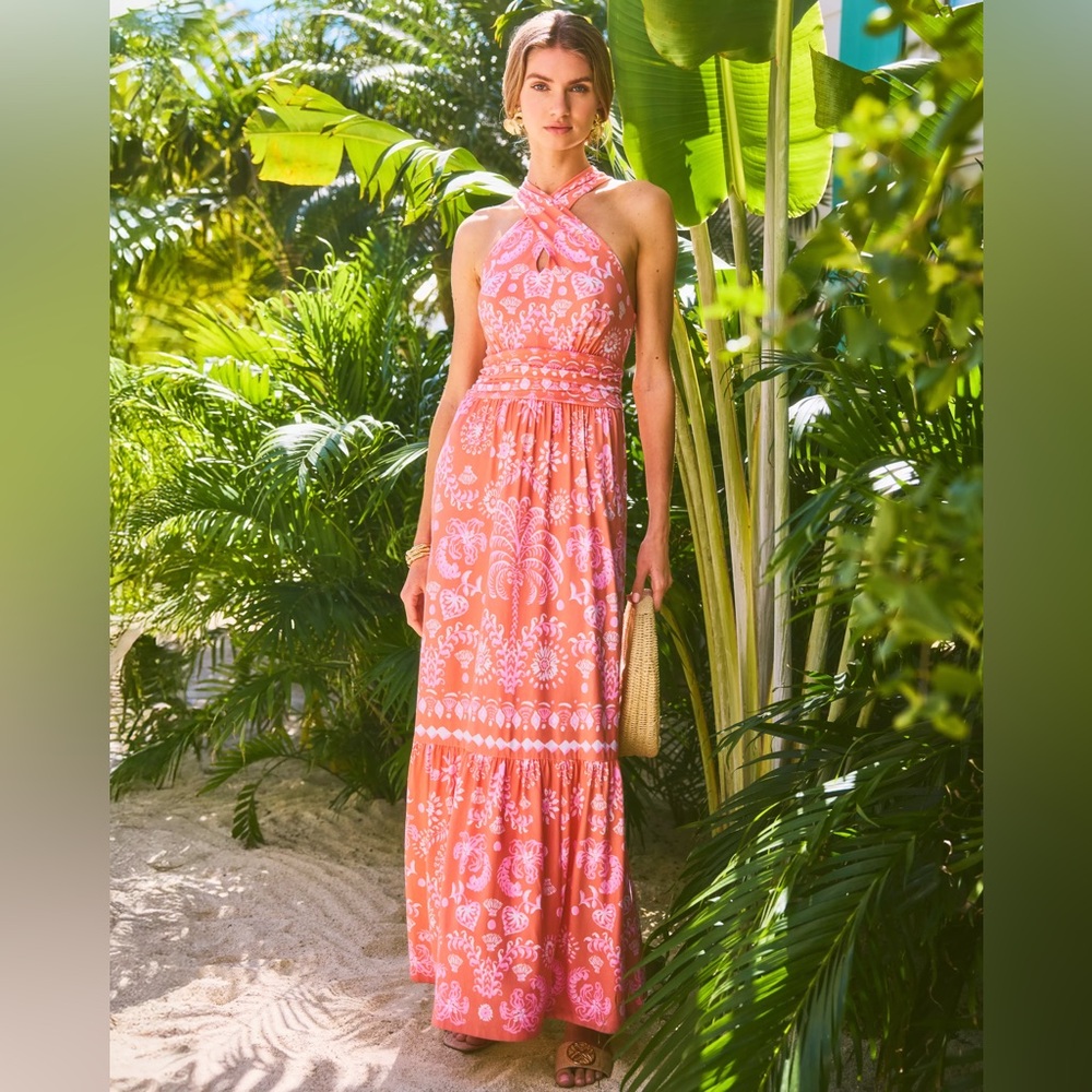 Lilly Pulitzer Coral Pink Paisley Halter Maxi Dress